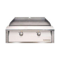 Alfresco 30-Inch Natural Gas built-in griddle in white matte with dual-zone stainless steel cooking surface and push-button ignition