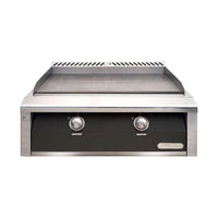 Alfresco 30-inch propane griddle with dual-zone thermostatic controls and stainless steel construction in black matte finish