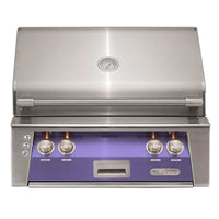 Alfresco ALXE 30-inch built-in natural gas grill with rotisserie and stainless steel exterior in blue lilac