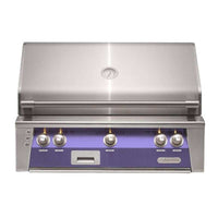 Alfresco ALXE 36-inch built-in stainless steel natural gas grill with purple control panel and analog thermometer