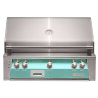 Alfresco ALXE 36-Inch built-in natural gas grill in light green with stainless steel hood and control panel
