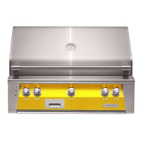 Alfresco ALXE grill built-in natural gas stainless steel grill with yellow control panel and five knobs