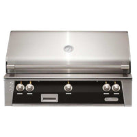 Alfresco ALXE 42-Inch built-in stainless steel natural gas grill with rotisserie and control knobs closed lid