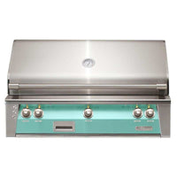 Alfresco ALXE 42-inch built-in natural gas grill with light green stainless steel front and rotisserie system