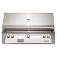 Alfresco ALXE 42-inch built-in natural gas grill in stainless steel with rotisserie and 5 control knobs