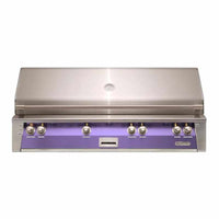 Alfresco ALXE 56-inch built-in stainless steel gas grill in blue lilac with six control knobs and analog thermometer on lid