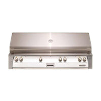Alfresco ALXE 56-inch built-in natural gas grill in white matte with sear zone, rotisserie, and six control knobs