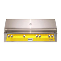 Alfresco ALXE 56-inch built-in natural gas grill with sear zone and rotisserie in yellow and stainless steel