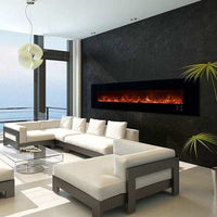 Modern Flames Ambiance 100-inch wall mount electric fireplace with orange flames and sleek modern living room setting