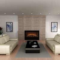 Modern Flames Home Fire 42-inch built-in electric fireplace insert in contemporary living room with beige sofas and minimalist decor