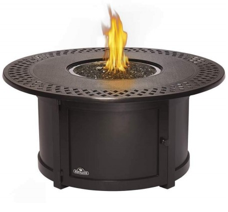 Napoleon Kensington Bronze round gas fire table with flame and lattice-style top