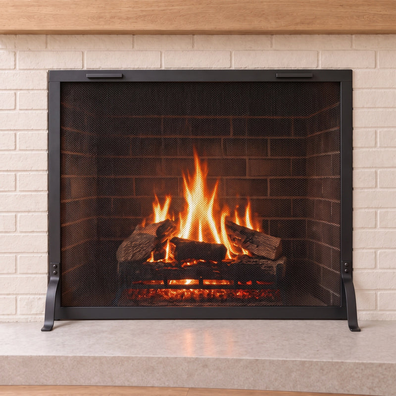 Straight-on view of the Bar Iron fireplace screen by Stoll Industries — AI-assisted visualization