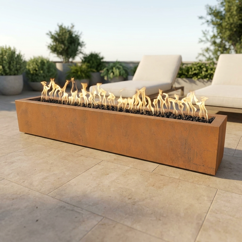 The Outdoor Plus 48" Eaves Fire Pit — Corten Steel — patio view