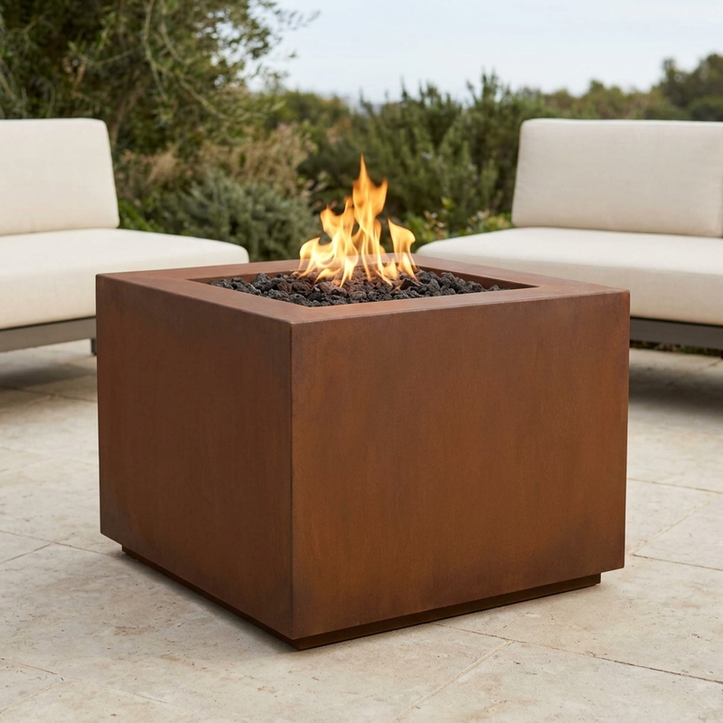 The Outdoor Plus 30" Forma Fire Pit — Corten Steel — patio view