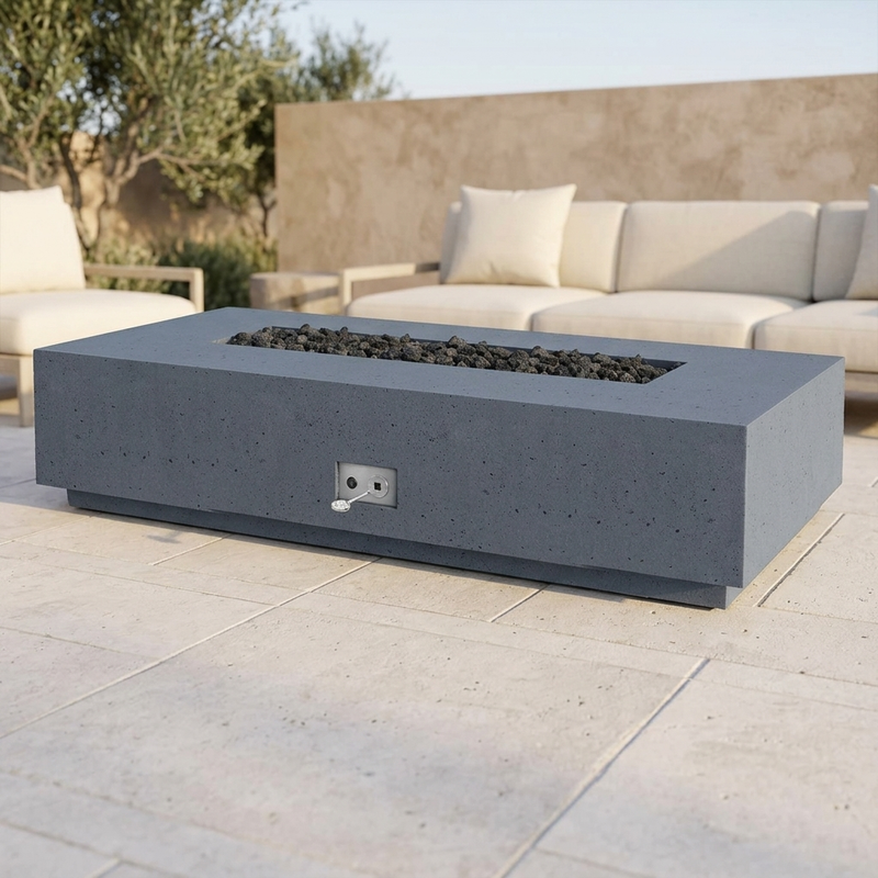 Firegear Sanctuary 76 76-Inch Concrete Fire Table — Stainless Steel Burner with Lava Rock — patio view