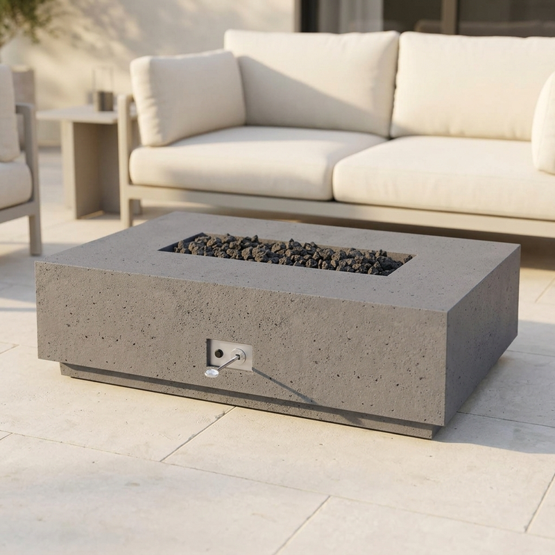 Firegear Sanctuary 1 56-Inch Concrete Fire Table — Pro Brass Burner with Lava Rock — patio view