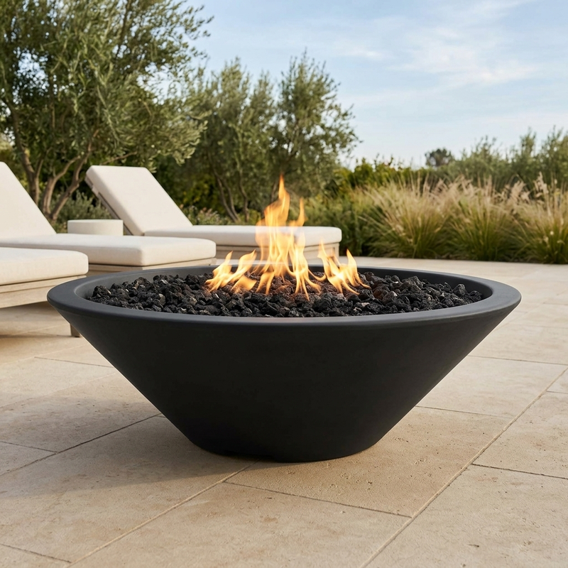The Outdoor Plus 60" Cazo Fire Pit — Narrow Ledge — GFRC — Match Lit — patio view