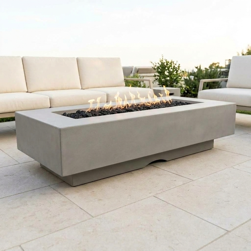 Del Mar 96-Inch GFRC Fire Pit — Plug & Play Electronic — Natural Gray patio view