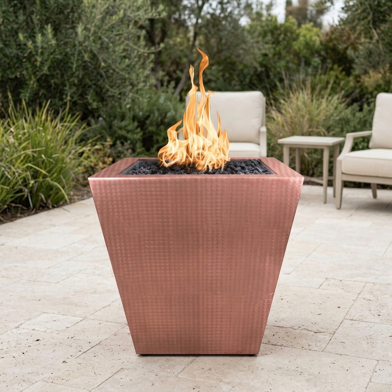 The Outdoor Plus 24-Inch Vista Fire Pit — Hammered Copper — patio view