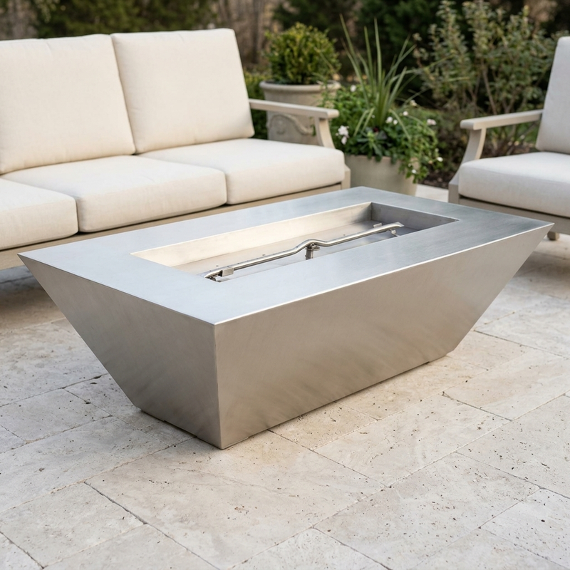The Outdoor Plus 48" Atlantic Fire Pit — 18" Tall — Stainless Steel — patio view