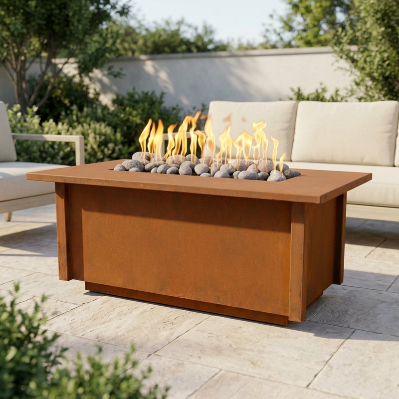 The Outdoor Plus 48" Salinas Fire Table — Corten Steel — patio view
