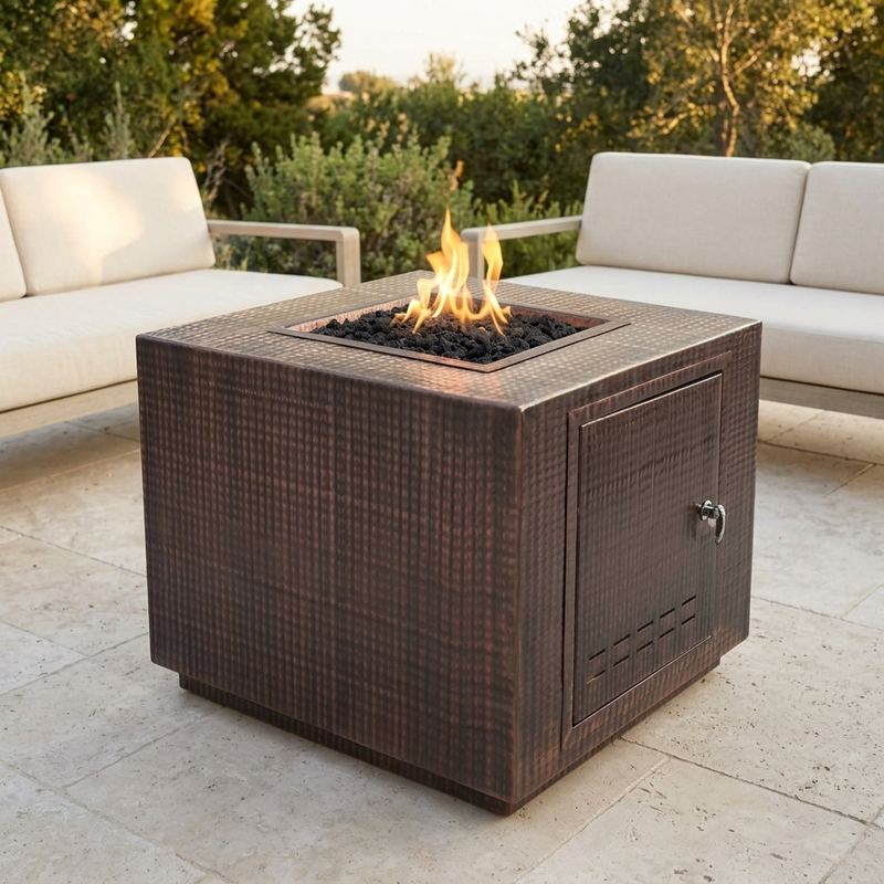 The Outdoor Plus 36" Forma Fire Pit — Hammered Copper — patio view