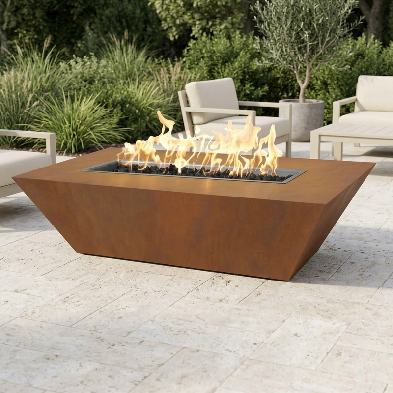 The Outdoor Plus 72" Atlantic Fire Pit — 18" Tall — Corten Steel — patio view