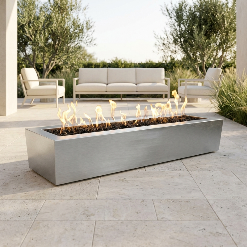 The Outdoor Plus 48" Eaves Fire Pit — Stainless Steel — patio view