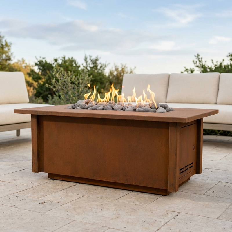 The Outdoor Plus 60" Salinas Fire Table — Corten Steel — patio view