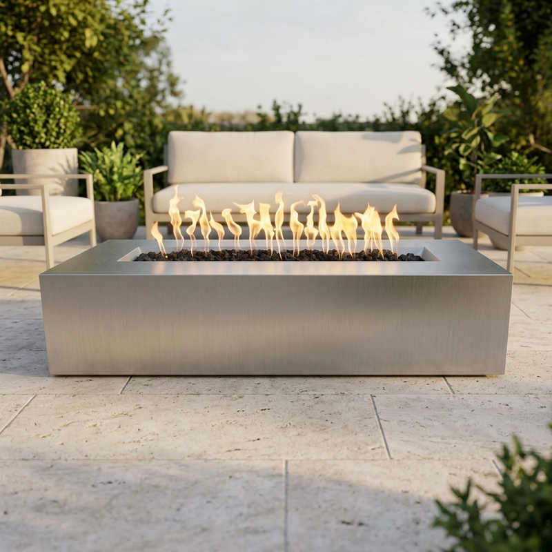 The Outdoor Plus 48" Regal Fire Pit — Stainless Steel — patio view