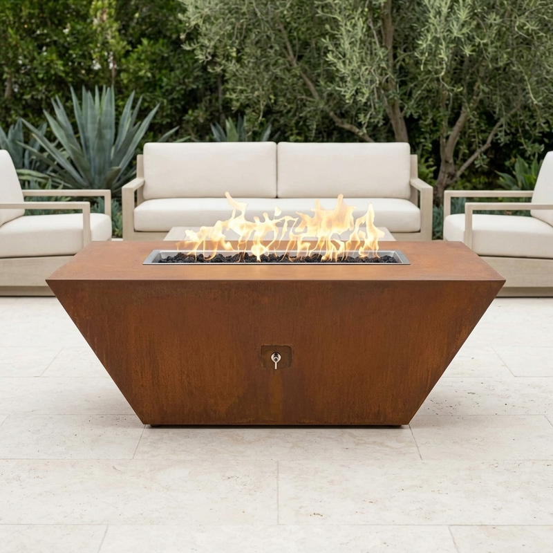 The Outdoor Plus 48" Atlantic Fire Pit — 24" Tall — Corten Steel — patio view