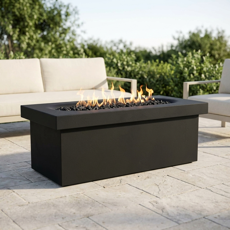 The Outdoor Plus 60" Linear Ramona Fire Table — GFRC — Match Lit — patio view