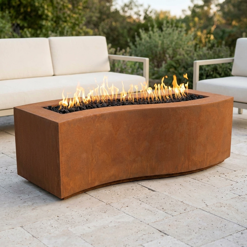 The Outdoor Plus 60" Billow Fire Pit — Corten Steel — patio view
