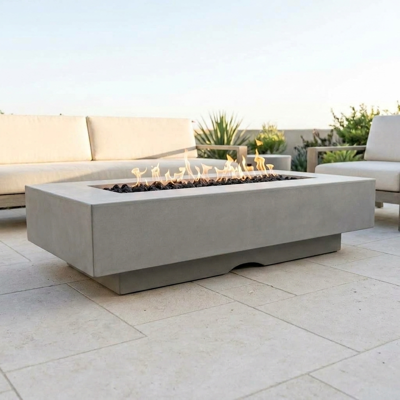 Del Mar 84-Inch GFRC Fire Pit — Fire Glow Push Button — Natural Gray patio view