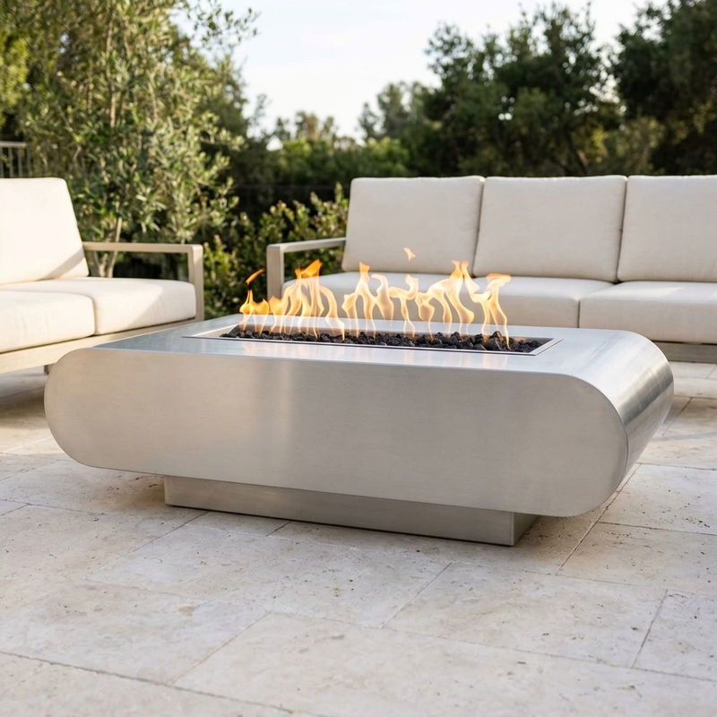 The Outdoor Plus 60" La Jolla Fire Pit — Stainless Steel — patio view