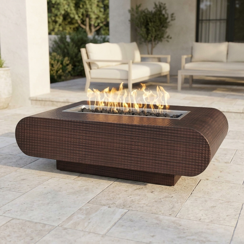 The Outdoor Plus 60" La Jolla Fire Pit — Hammered Copper — patio view