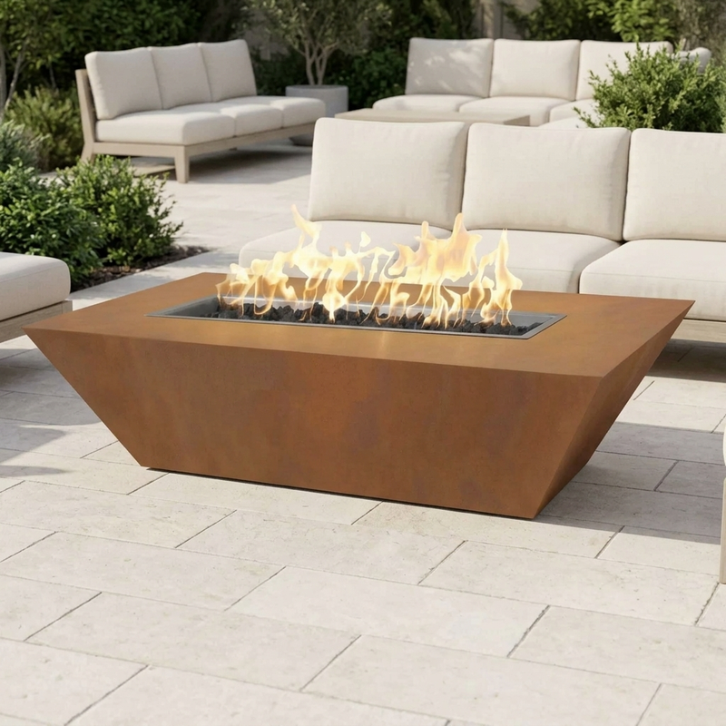 The Outdoor Plus 84" Atlantic Fire Pit — 24" Tall — Corten Steel — patio view