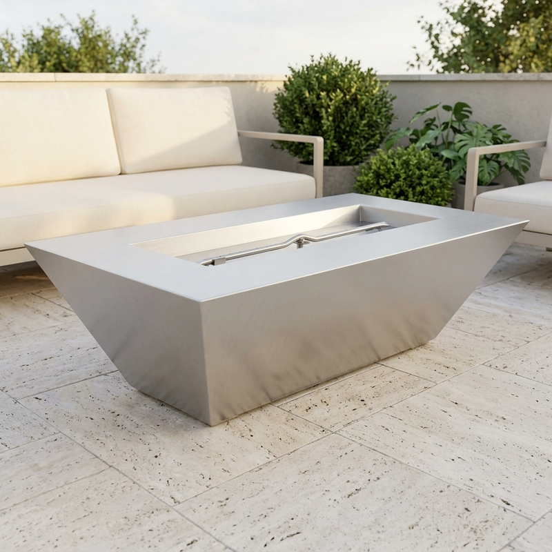 The Outdoor Plus 48" Atlantic Fire Pit — 24" Tall — Stainless Steel — patio view