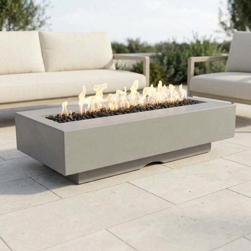 Del Mar 72-Inch GFRC Fire Pit — Fire Glow Push Button — Natural Gray patio view