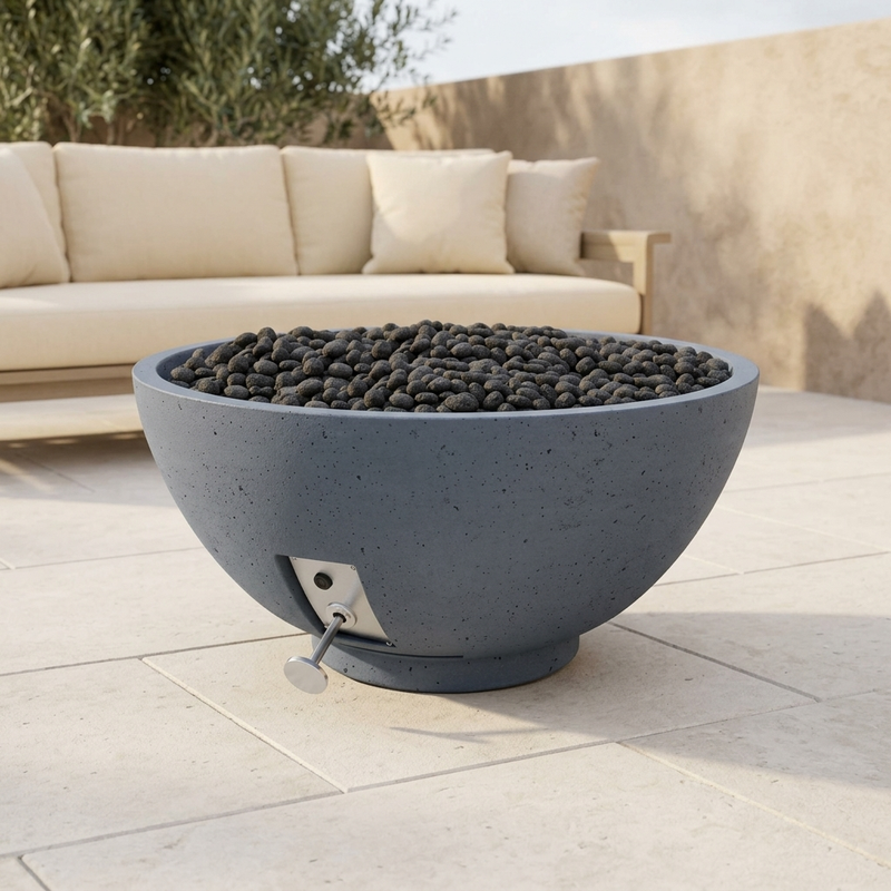 Firegear Sanctuary 3 29-Inch Concrete Fire Bowl — Stainless Steel Burner with Lava Rock — patio view