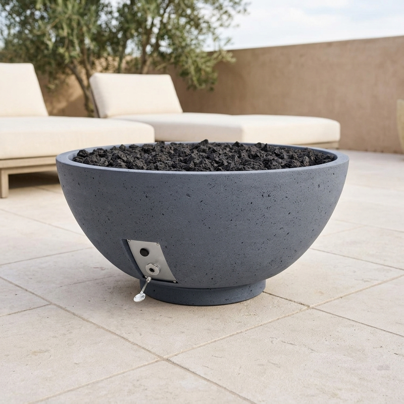 Firegear Sanctuary 2 39-Inch Concrete Fire Bowl — Stainless Steel Burner with Lava Rock — patio view