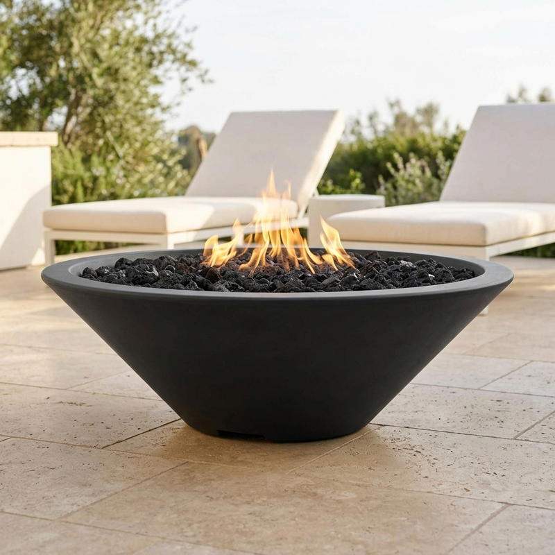 The Outdoor Plus 48" Cazo Fire Pit — Narrow Ledge — GFRC — Plug & Play — patio view