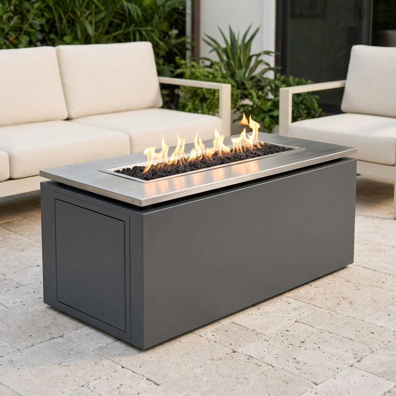 The Outdoor Plus 46-Inch Merona Fire Table — Stainless Top & Powder-Coat Base — patio view