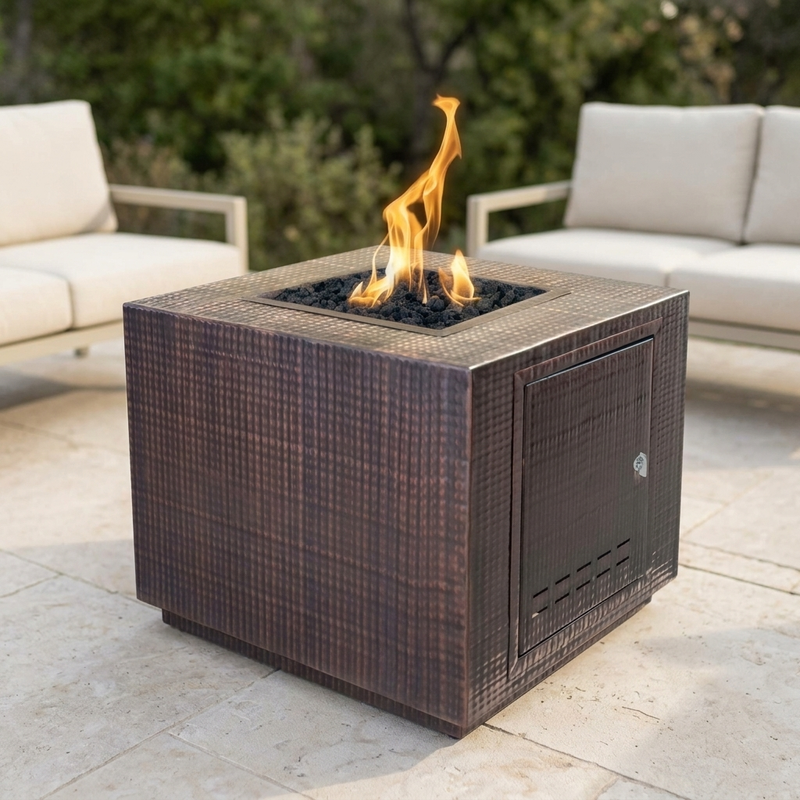 The Outdoor Plus 30" Forma Fire Pit — Hammered Copper — patio view