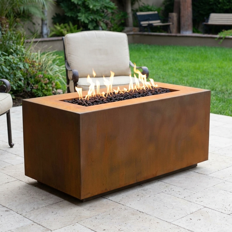 The Outdoor Plus 48" Pismo Fire Pit — Corten Steel — patio view