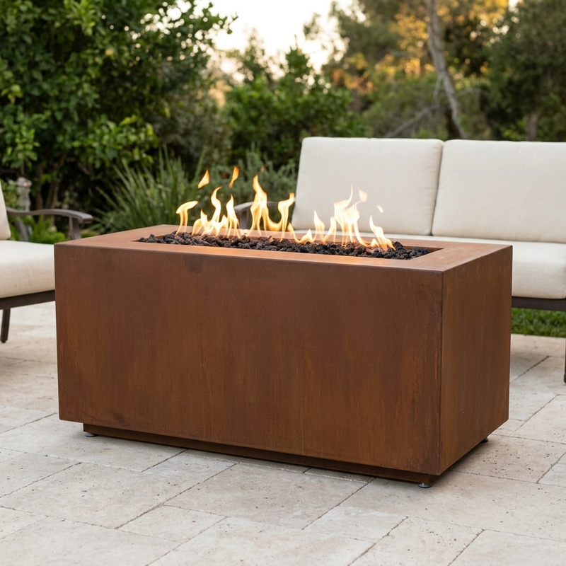 The Outdoor Plus 60" Pismo Fire Pit — Corten Steel — patio view