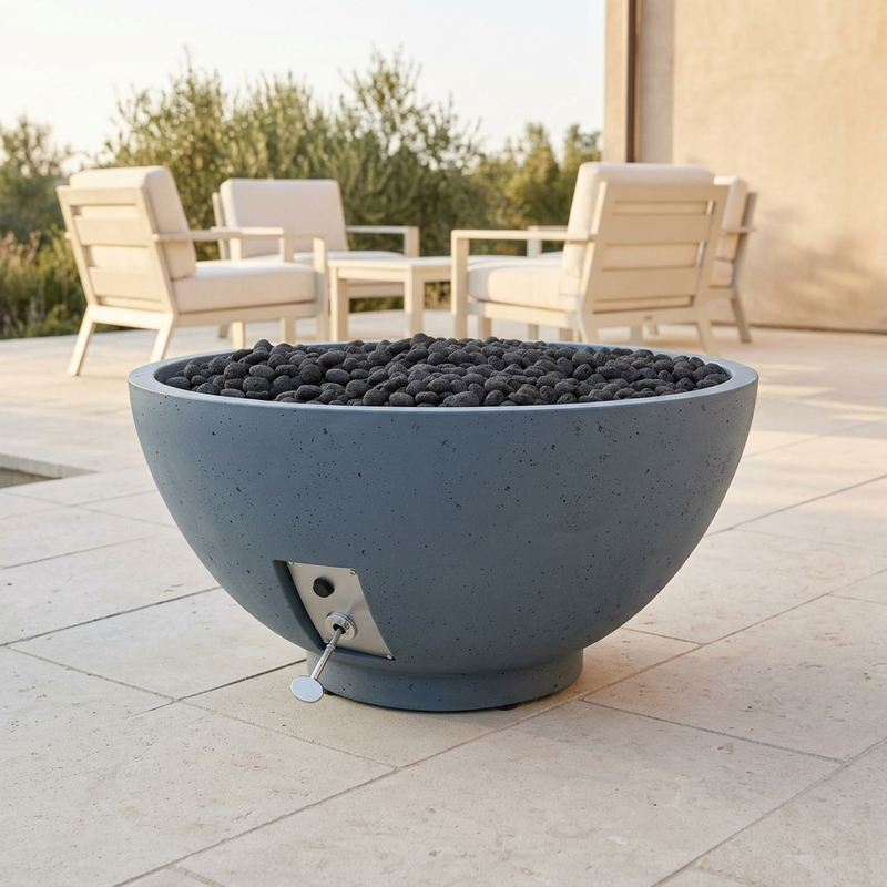 Firegear Sanctuary 3 29-Inch Concrete Fire Bowl — Pro Brass Burner with Lava Rock — patio view