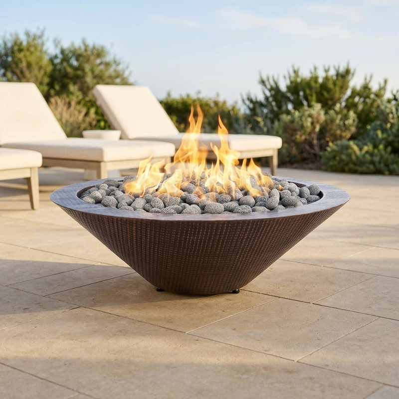 The Outdoor Plus 48" Cazo Fire Pit — Narrow Ledge — Hammered Copper — patio view