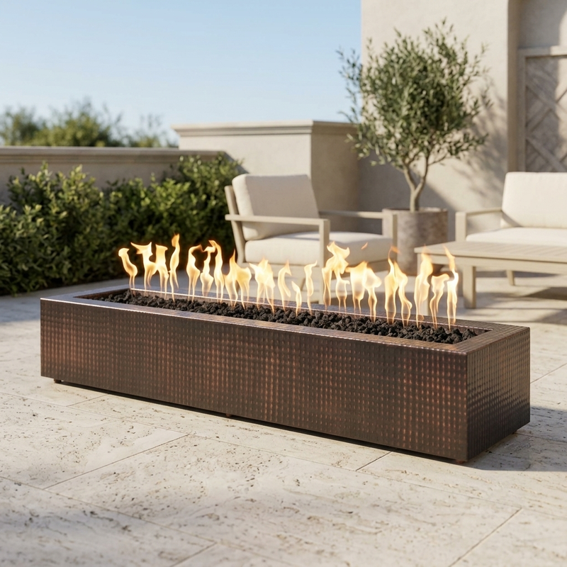 The Outdoor Plus 72" Eaves Fire Pit — Hammered Copper — patio view