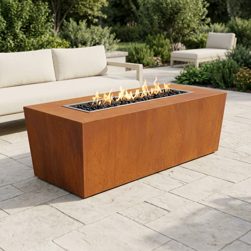 The Outdoor Plus 72" Mesa Fire Pit — Corten Steel — patio view